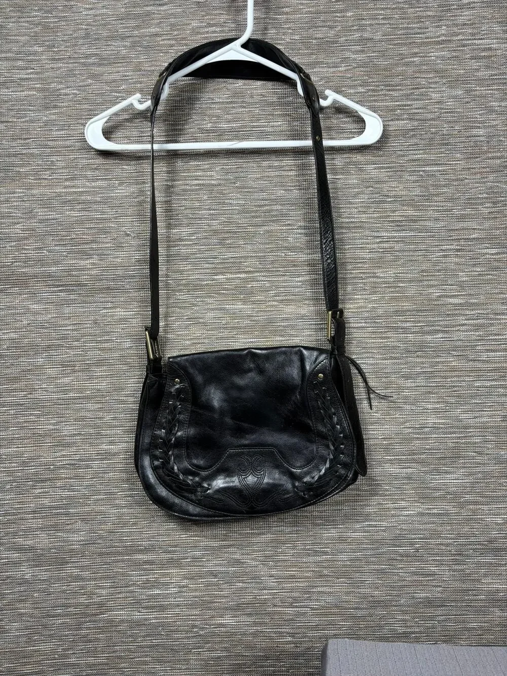 Saddle Bag Womens Medium Black Leather Braided Crossbody Shoulder Zip Purse